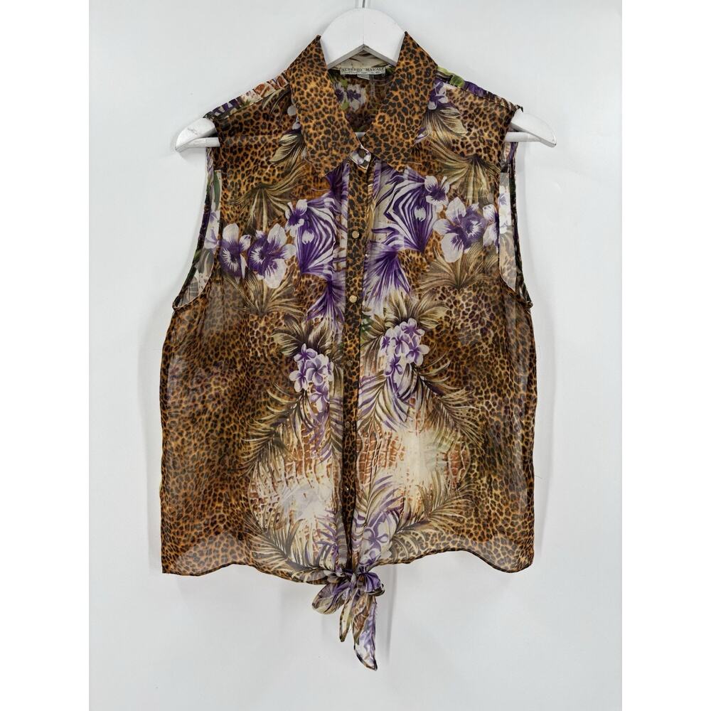 Alberto Makali Button Up Top Womens Large Brown Purple 100% Silk Leopard Floral